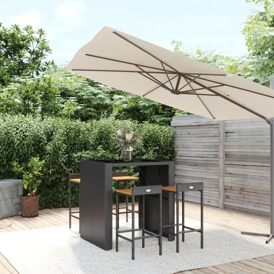 Ensemble de bar jardin 5 pcs noir poly rotin/bois massif acacia