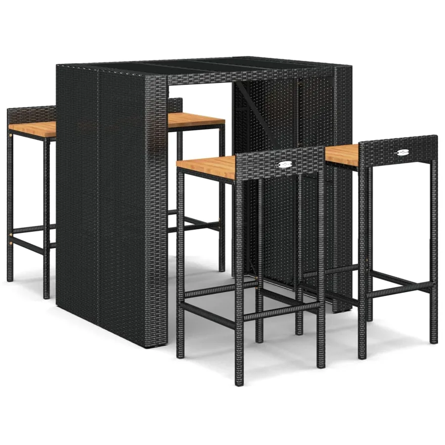 Ensemble de bar jardin 5 pcs noir poly rotin/bois massif acacia - 2