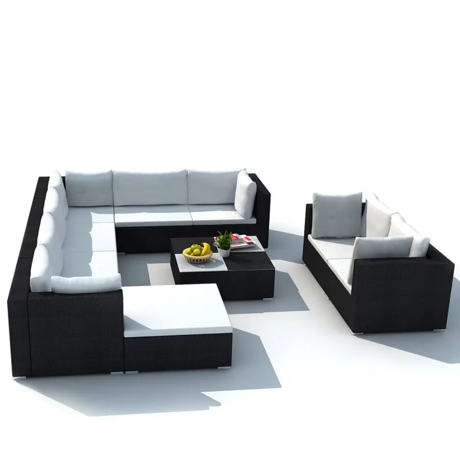 Salon de jardin 10 pcs avec coussins Résine tressée Noir - 4