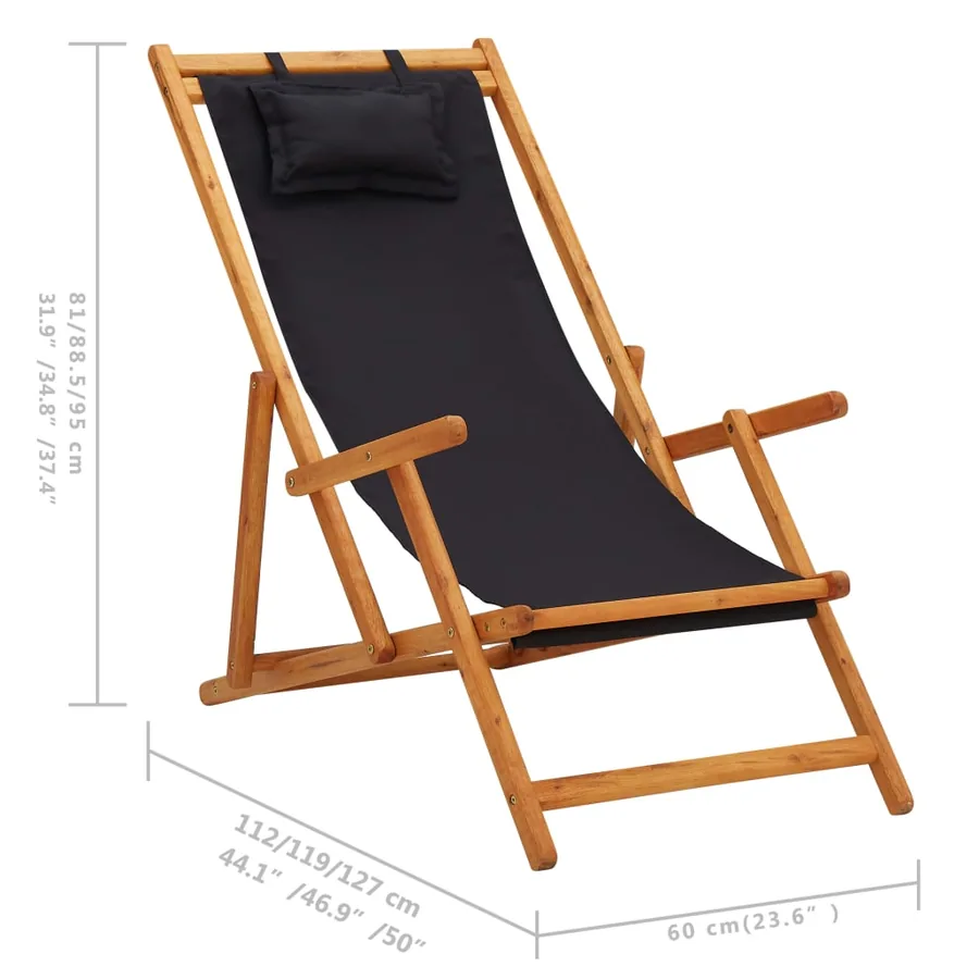 Chaise pliable de plage bois d'eucalyptus solide et tissu noir - 9