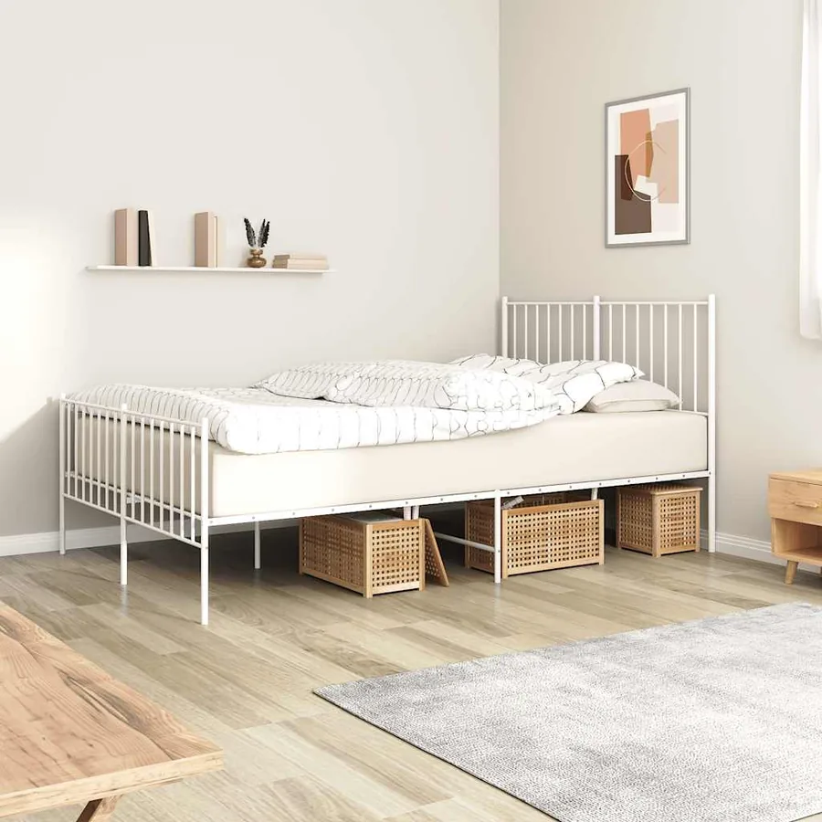 Cadre de lit métal sans matelas et pied de lit blanc 120x190 cm