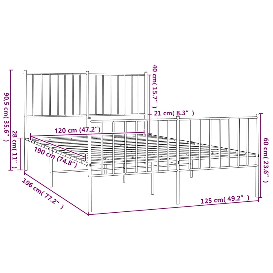 Cadre de lit métal sans matelas et pied de lit blanc 120x190 cm - 9