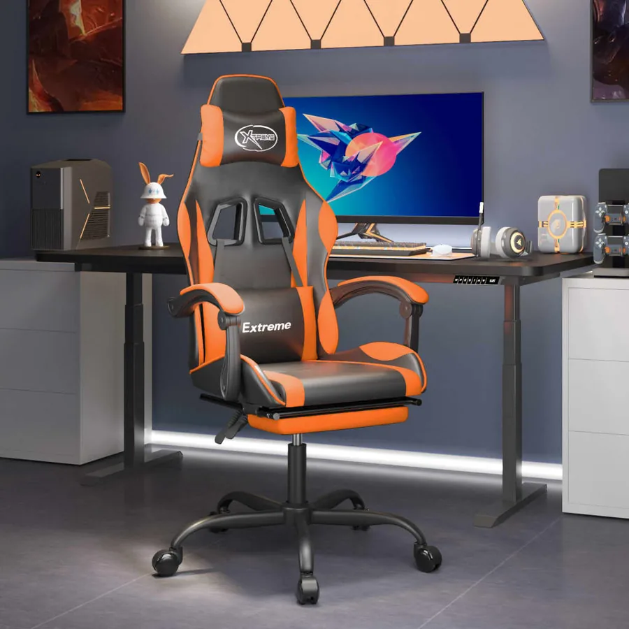 Chaise de jeu avec repose-pied Noir et orange Similicuir