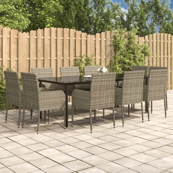 Ensemble à manger jardin 11 pcs avec coussins noir et gris