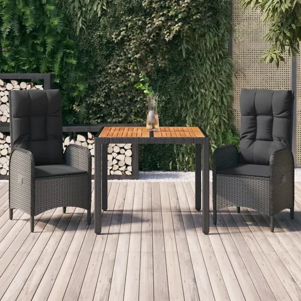 Ensemble à manger de jardin avec coussins 3 pcs Noir