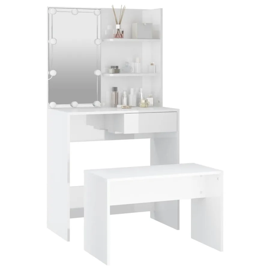 Ensemble de coiffeuse avec LED Blanc brillant Bois d'ingénierie - 13