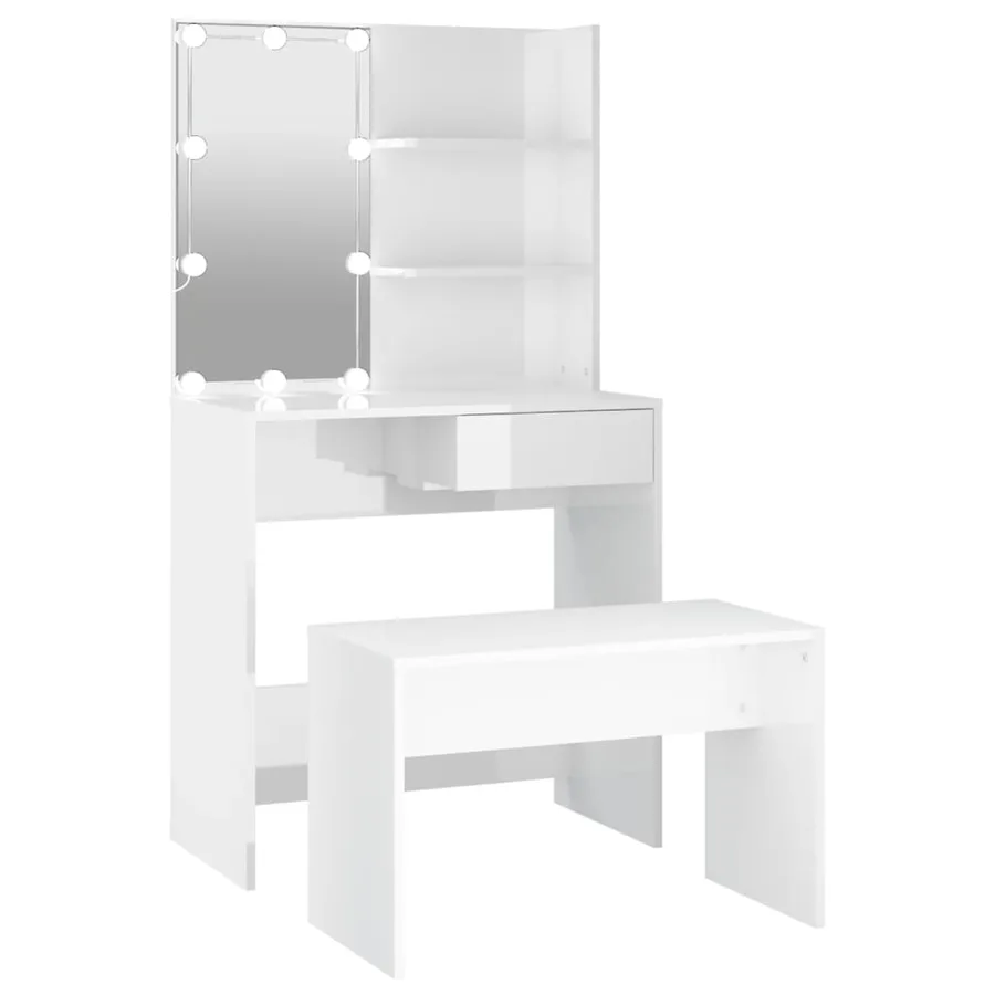 Ensemble de coiffeuse avec LED Blanc brillant Bois d'ingénierie - 2