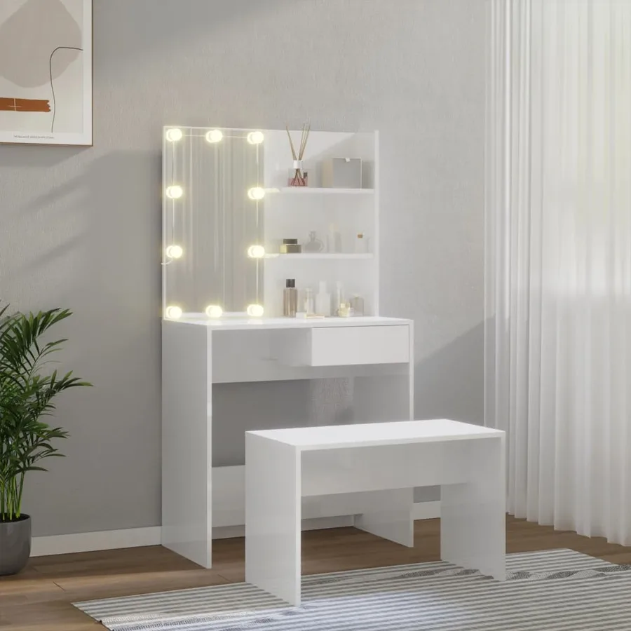 Ensemble de coiffeuse avec LED Blanc brillant Bois d'ingénierie - 3