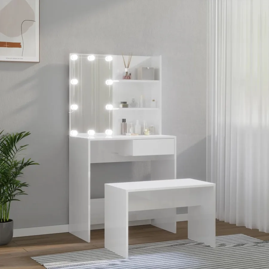 Ensemble de coiffeuse avec LED Blanc brillant Bois d'ingénierie - 4