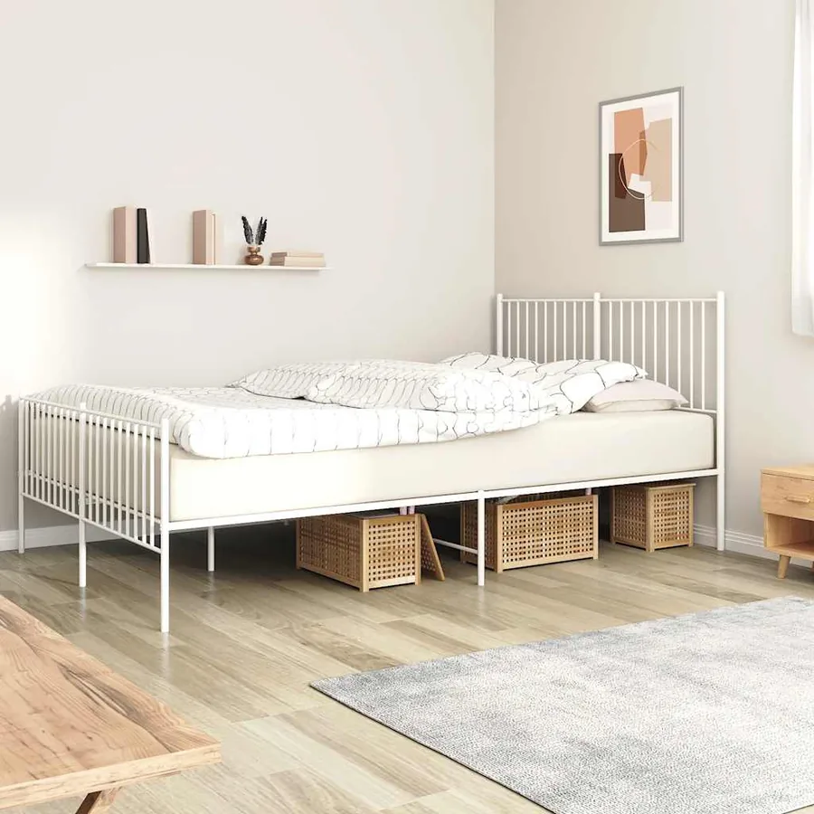 Cadre de lit métal sans matelas et pied de lit blanc 160x200 cm