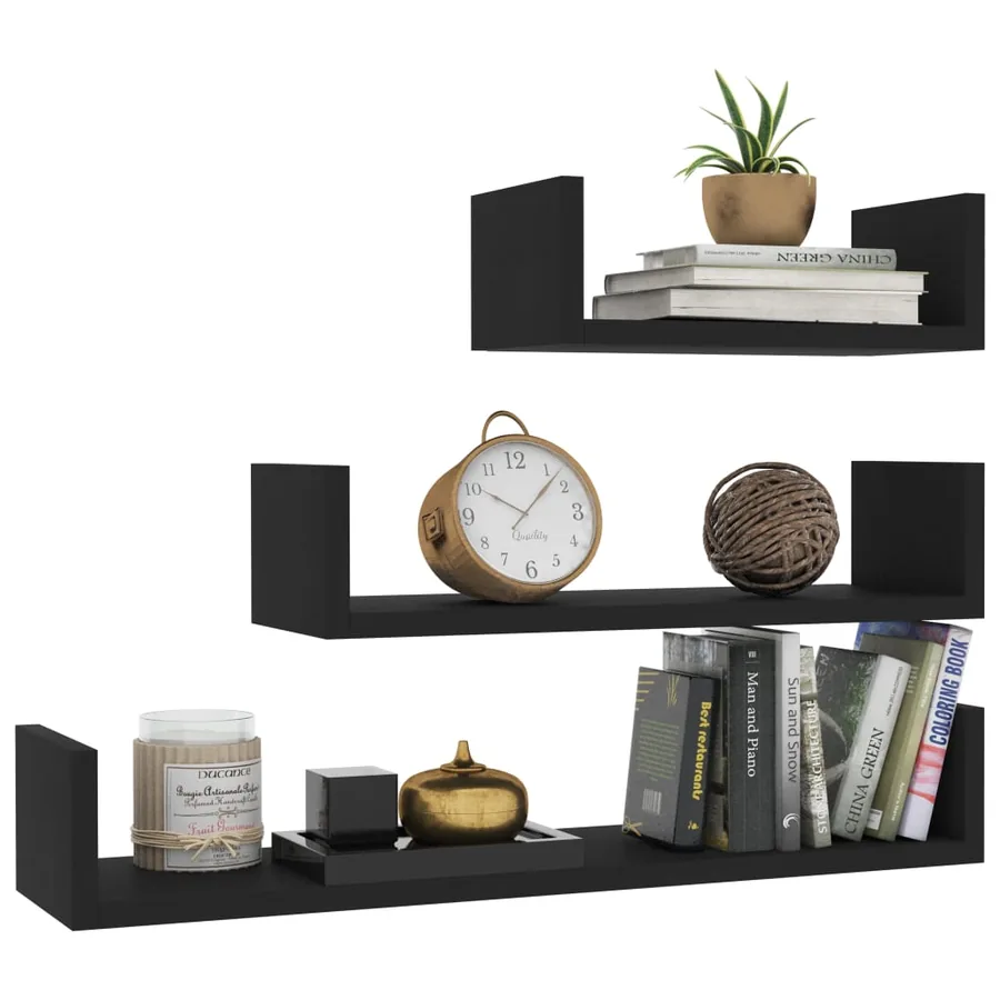 Étagères murales 3 pcs Noir Bois d'ingénierie - 3