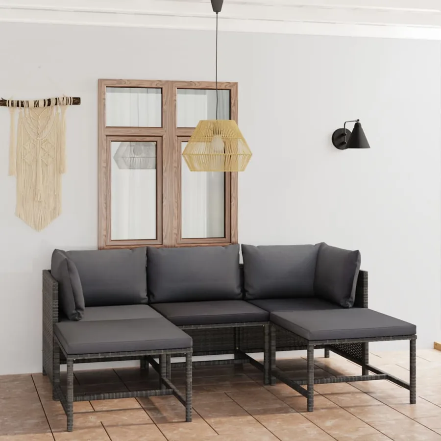 Salon de jardin 5 pcs avec coussins Résine tressée Gris