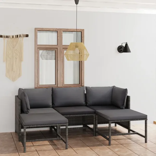 Salon de jardin 5 pcs avec coussins Résine tressée Gris