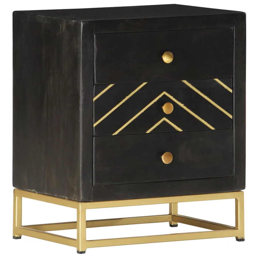 Table de chevet Noir et doré 40x30x50cm Bois de manguier massif - 9