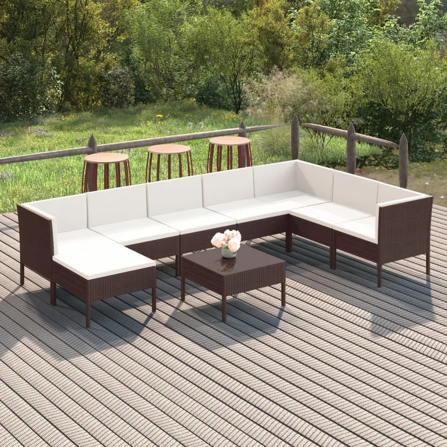 Salon de jardin 9 pcs avec coussins résine tressée marron