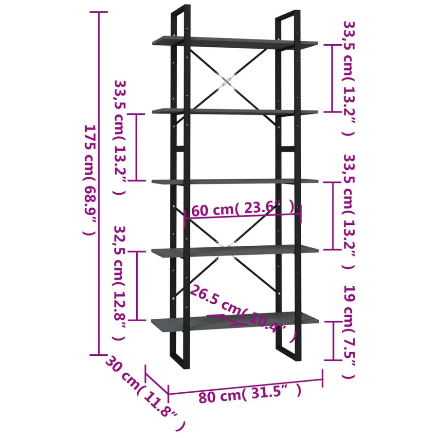 Bibliothèque à 5 niveaux Gris 80x30x175 cm Bois d'ingénierie - 4