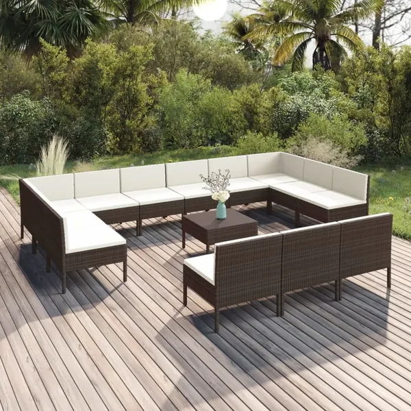 Salon de jardin 14 pcs avec coussins Résine tressée Marron