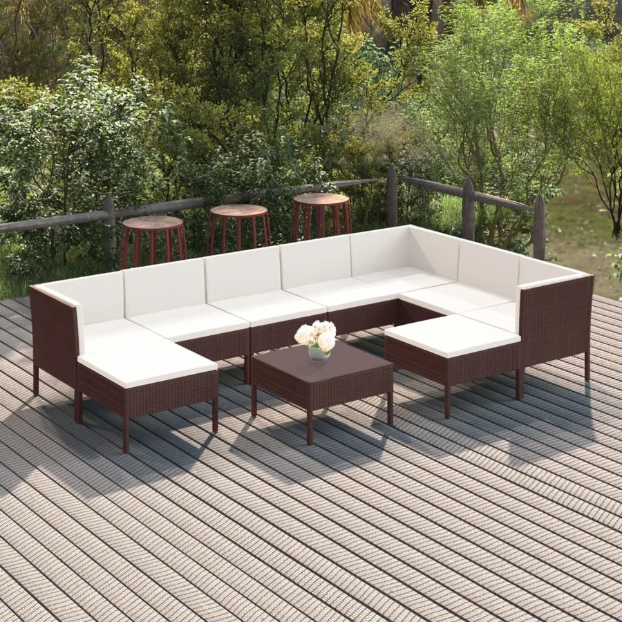 Salon de jardin 10 pcs avec coussins Résine tressée Marron