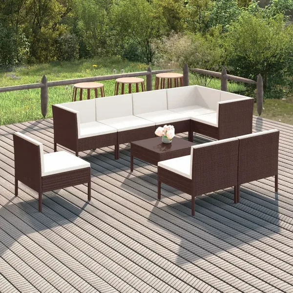 Salon de jardin 9 pcs avec coussins résine tressée marron