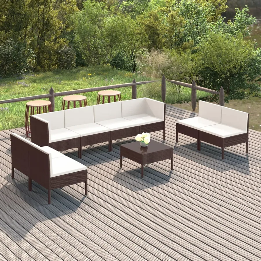 Salon de jardin 9 pcs avec coussins résine tressée marron