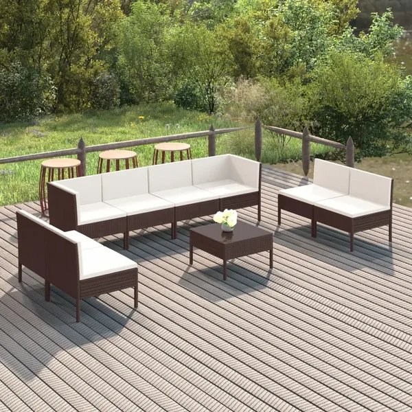 Salon de jardin 9 pcs avec coussins résine tressée marron