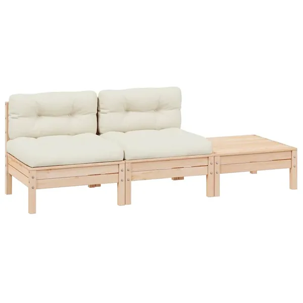 Salon de jardin 3 pcs avec coussins crème Bois de pin massif