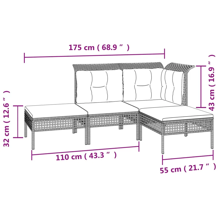 Salon de jardin 4 pcs avec coussins Gris Résine tressée - 8