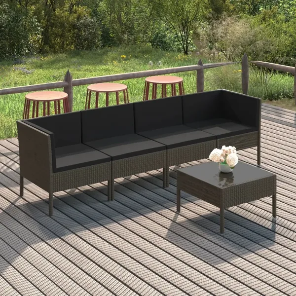 Salon de jardin 5 pcs avec coussins résine tressée gris