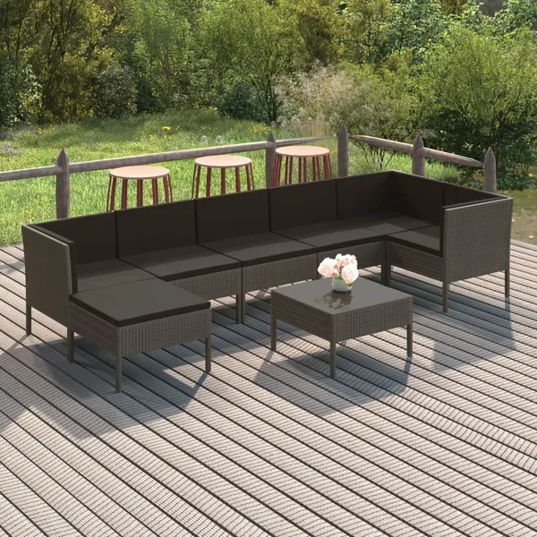 Salon de jardin 8 pcs avec coussins résine tressée gris