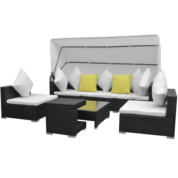 Salon de jardin 7 pcs avec baldaquin Résine tressée Noir