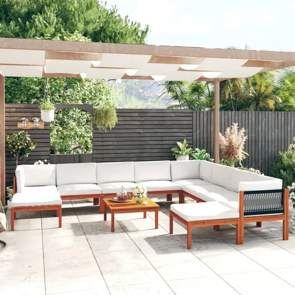 Salon de jardin 11 pièces avec coussins, bois d'acacia crème et corde