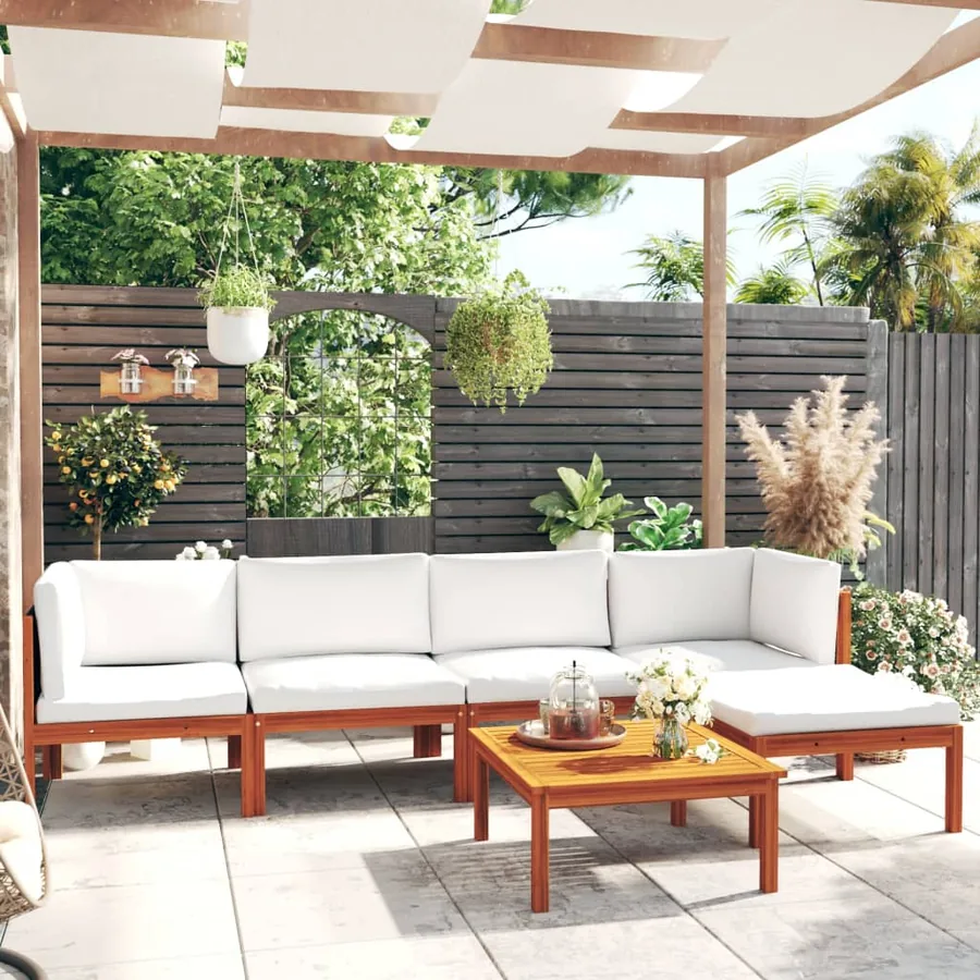 Salon de jardin 6 pièces avec coussins, bois d'acacia crème et corde