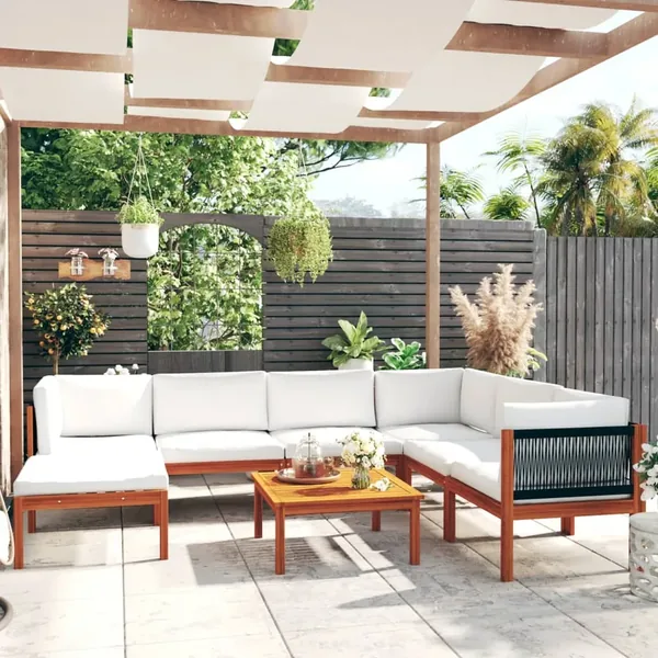Salon de jardin 8 pièces avec coussins, bois d'acacia crème et corde