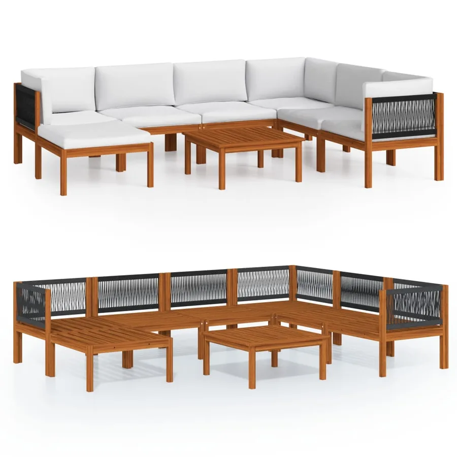 Salon de jardin 8 pièces avec coussins, bois d'acacia crème et corde - 2