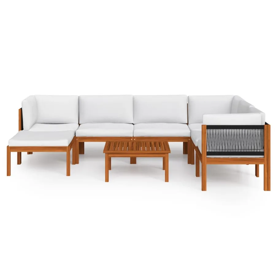 Salon de jardin 8 pièces avec coussins, bois d'acacia crème et corde - 3