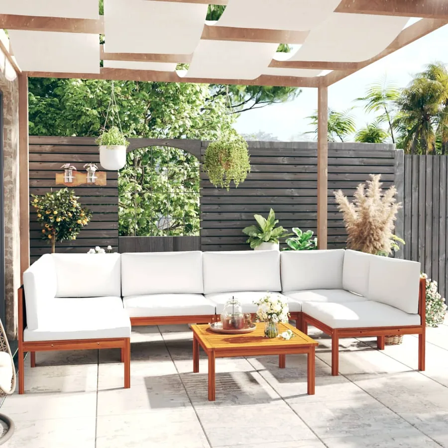 Salon de jardin 7 pièces avec coussins, bois d'acacia crème et corde