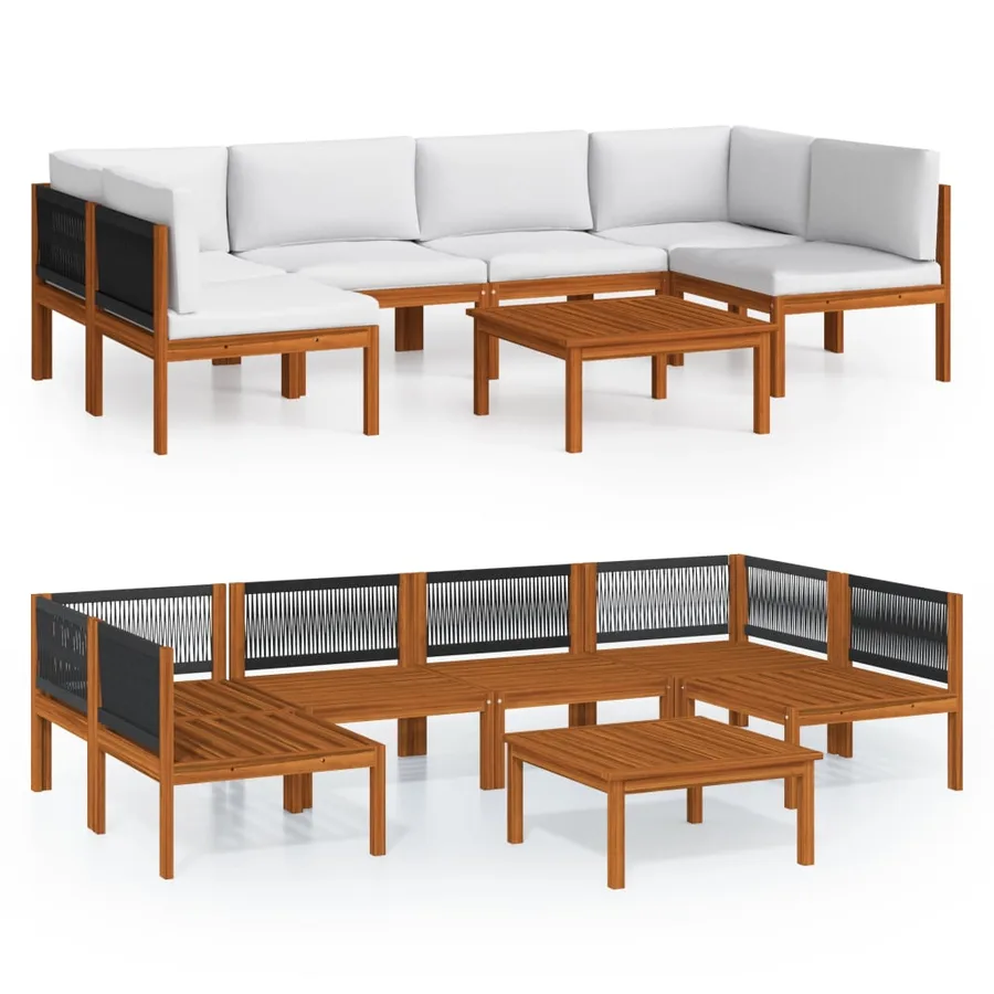 Salon de jardin 7 pièces avec coussins, bois d'acacia crème et corde - 2