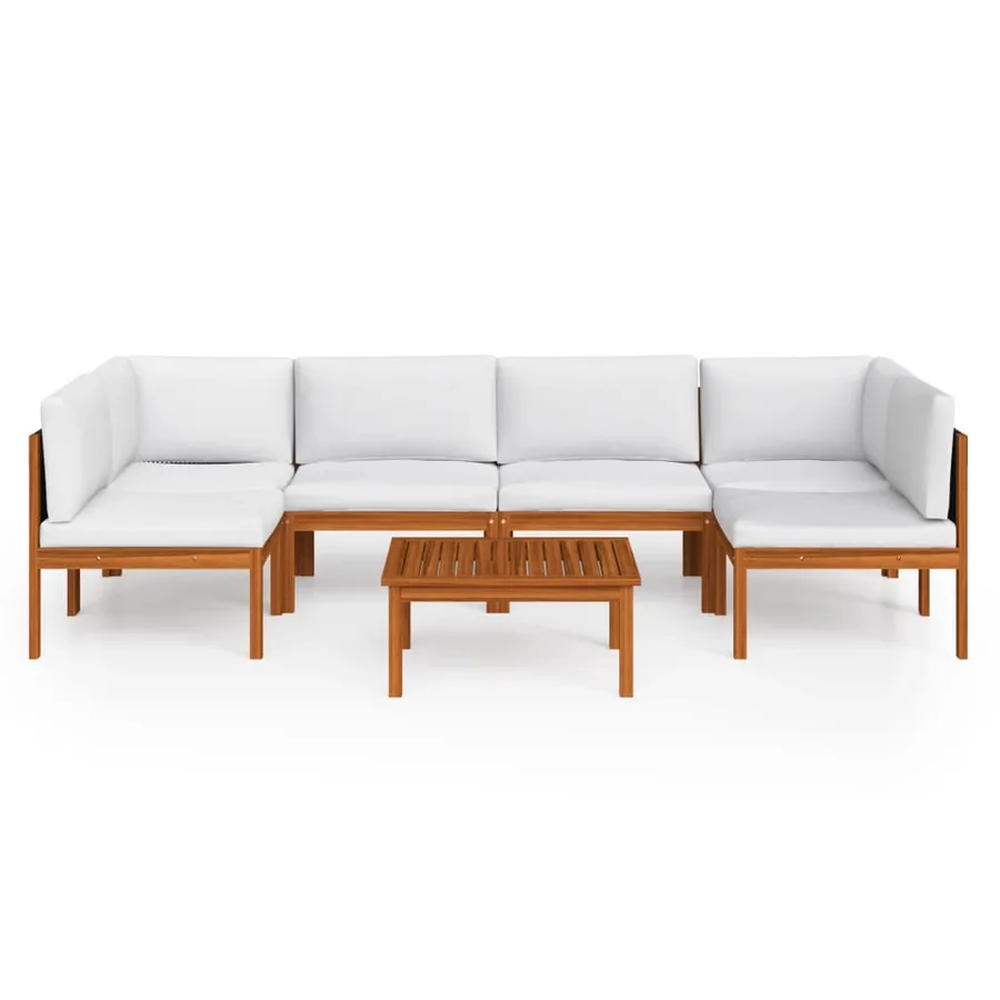 Salon de jardin 7 pièces avec coussins, bois d'acacia crème et corde - 3