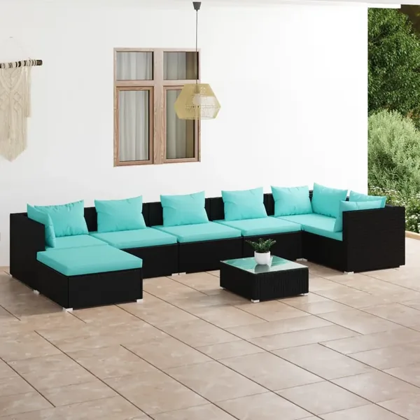 Salon de jardin 8 pcs avec coussins Résine tressée Noir