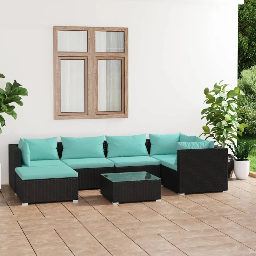 Salon de jardin 7 pcs avec coussins Résine tressée Noir