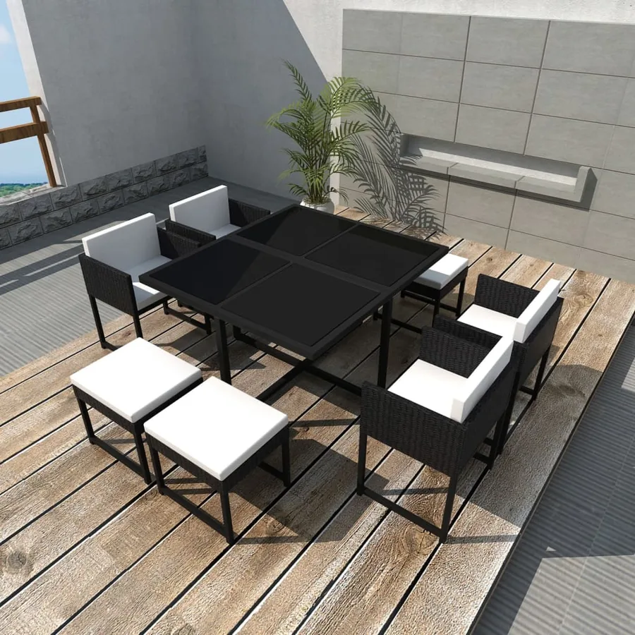 Ensemble à manger d'extérieur 9pcs coussins Résine tressée Noir