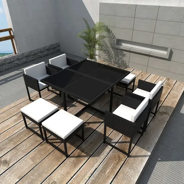 Ensemble à manger d'extérieur 9pcs coussins Résine tressée Noir