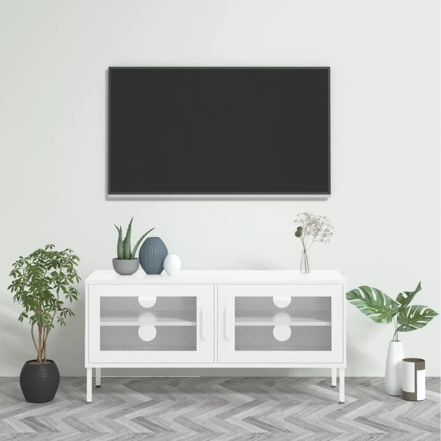 Meuble TV Blanc 105x35x50 cm Acier