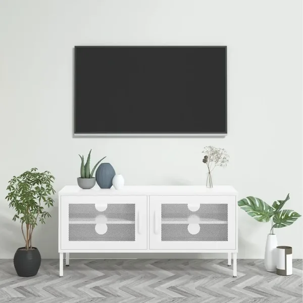 Meuble TV Blanc 105x35x50 cm Acier