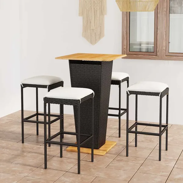 Ensemble de bar de jardin 5 pcs et coussins Résine tressée Noir