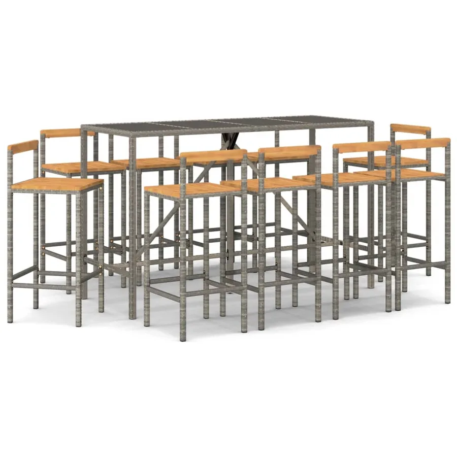Ensemble de bar jardin 11pcs gris poly rotin/bois massif acacia - 2