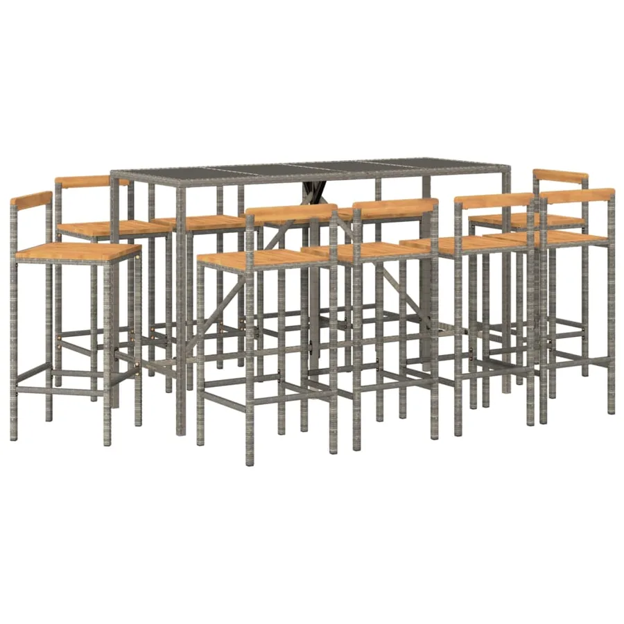 Ensemble de bar jardin 11pcs gris poly rotin/bois massif acacia - 3