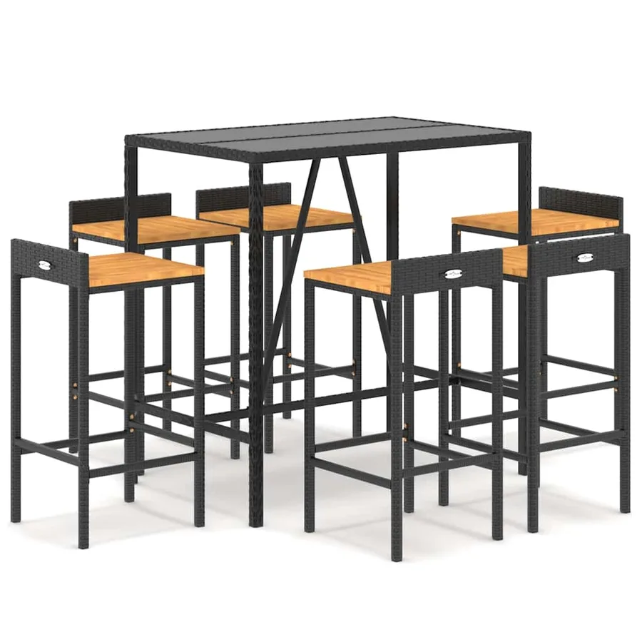 Ensemble de bar jardin 7 pcs noir poly rotin/bois massif acacia - 2