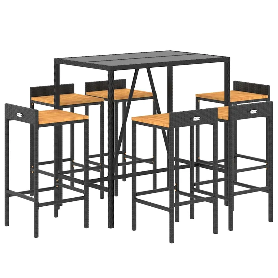 Ensemble de bar jardin 7 pcs noir poly rotin/bois massif acacia - 3