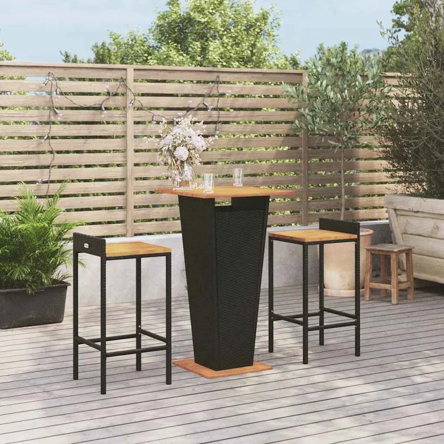 Ensemble de bar jardin 3 pcs noir poly rotin/bois massif acacia
